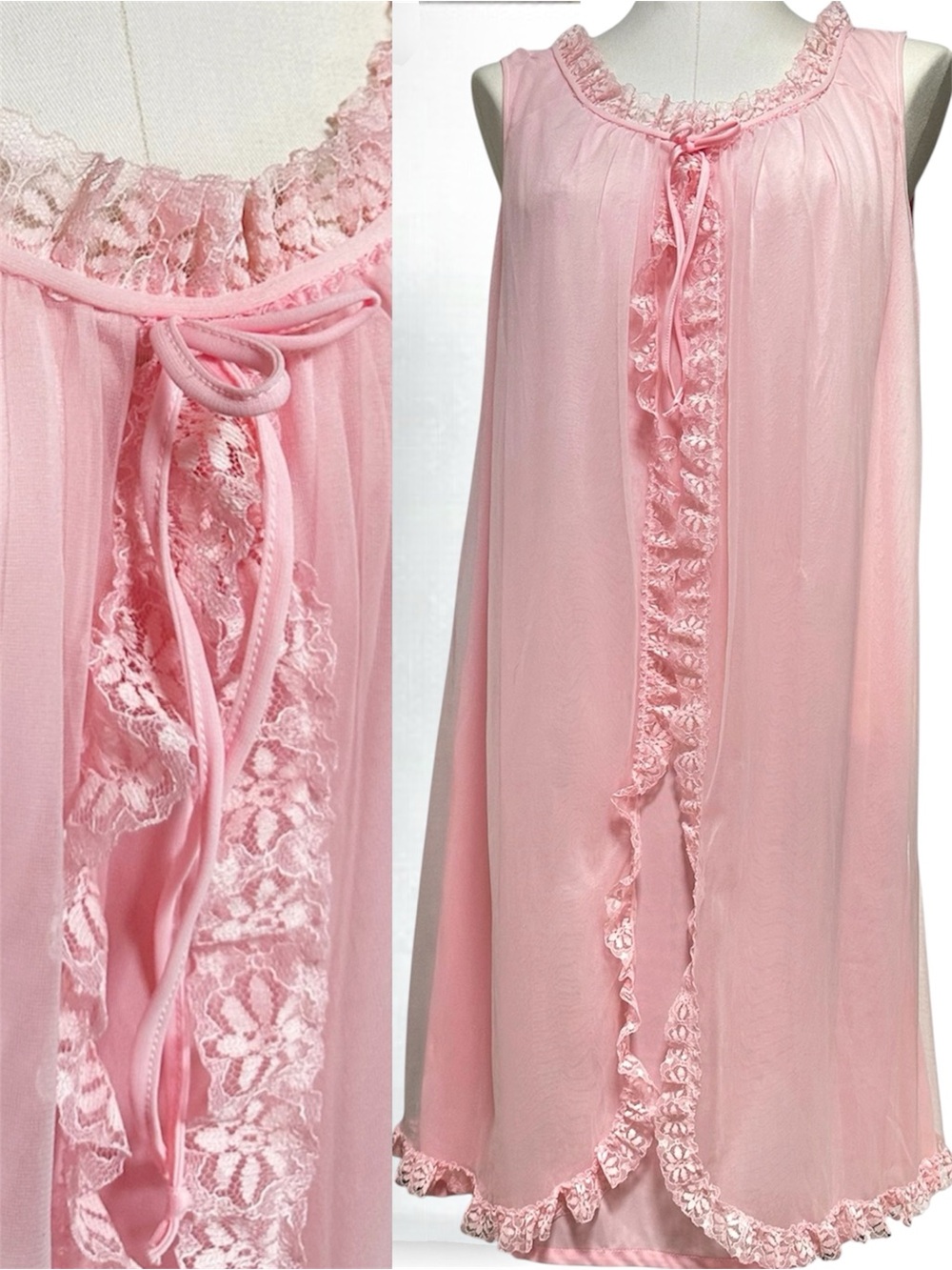 Vintage Pink Lace-Trim Sleeveless Nightgown with Front Bow